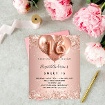 Papier Budget Sweet 16 roses invitation ballons d'or<br><div class="desc">Pour un élégant Sweet 16, 16e anniversaire. Un arrière - plan rose à l'apparence métallique. Décoré d'or rose, de faux glitte rose, de mousseux et de ballons. Personnalisez et ajoutez un nom, ainsi que les détails du parti. Le nom est écrit avec un script de style écrit à la main,...</div>