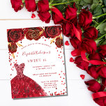 Papier Budget Sweet 16 rouge blanc robe invitation<br><div class="desc">Une invitation moderne, élégante et glamour pour une fête Sweet 16, 16e anniversaire. Un arrière - plan blanc aux étincelles, une robe rouge et des roses rouges, des fleurs. Le nom est écrit avec un script de style moderne écrit à la main. Personnalisez et ajoutez les détails de votre fête....</div>