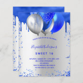 Papier Budget Sweet 16 royal bleu argent invitation (Devant / Derrière)
