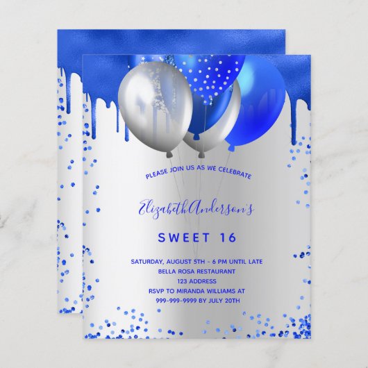 Papier Budget Sweet 16 royal bleu argent invitation (Devant / Derrière)