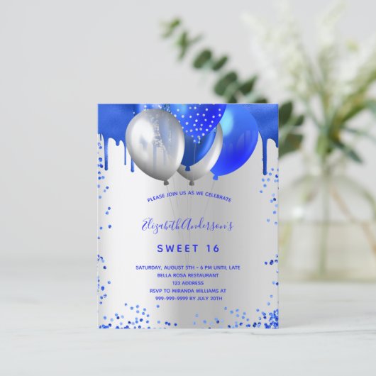 Papier Budget Sweet 16 royal bleu argent invitation (Debout devant)