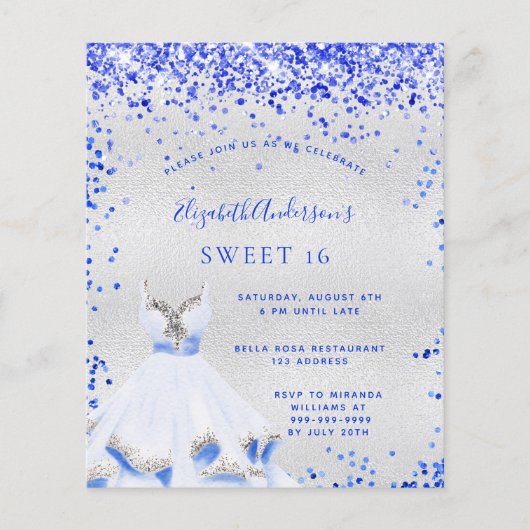 Papier Budget Sweet 16 royal bleu argent invitation (Devant)