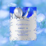 Papier Budget Sweet 16 royal bleu argent invitation<br><div class="desc">Un arrière - plan faux argenté. Décoré avec la fausse parties scintillant bleue royale gouttes de peinture goutte à goutte,  scintillants et ballons. Personnalisez et ajoutez un nom et des détails du parti. Le nom est écrit avec un script de style écrit à la main.</div>