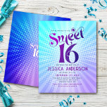 Papier Budget Sweet 16 Super Purple Blue Gradient Invitat<br><div class="desc">"Joyeux 16 Anniversaire". Envoyez cette cool boho retro, invitation de fête budget personnalisée pour un événement à retenir. Une typographie violette et bleu marine amusante, tendance et audacieuse, avec une typographie sans serif moderne, recouvre un arrière - plan de rayons bleu clair turquoise et violet foncé avec des points blancs....</div>