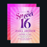 Papier Budget Sweet 16 Super rose orange Invitation<br><div class="desc">"Joyeux 16 Anniversaire". Envoyez cette cool boho retro, invitation de fête budget personnalisée pour un événement à retenir. Une typographie rose et violette foncée et amusante, tendance et audacieuse, avec une typographie sans serif moderne, recouvre un arrière - plan de rayons orange pop et vert foncé avec des points blancs....</div>