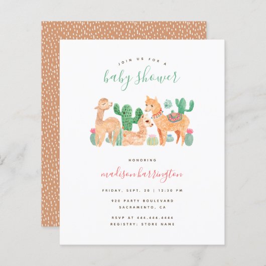 Papier Budget Sweet Alpaca Llama Cactus Baby shower Boho (Devant / Derrière)