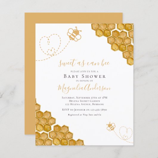 Papier Budget Sweet as Can Bee Baby shower Invitation (Devant / Derrière)