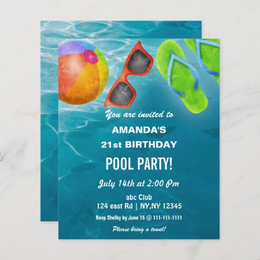 Papier Budget Swimming Pool Party Birthday Invitation (Devant / Derrière)