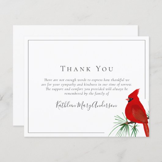 Papier BUDGET Sympathie Cardinal Funérailles Merci Note (Devant / Derrière)