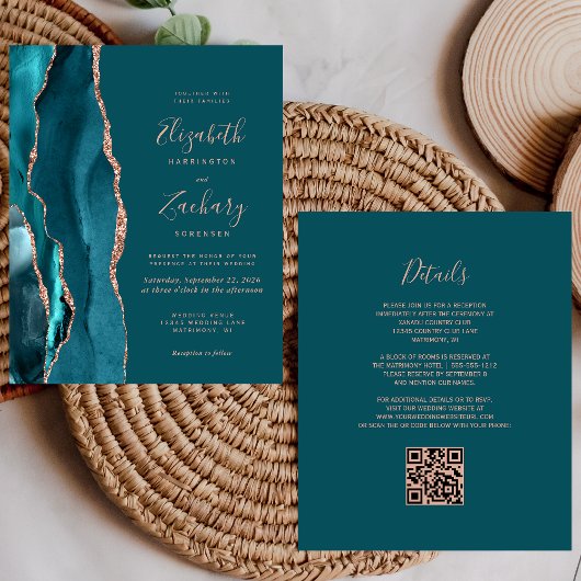 Papier Budget Teal Agate Rose Gold QR Code Wedding Invite