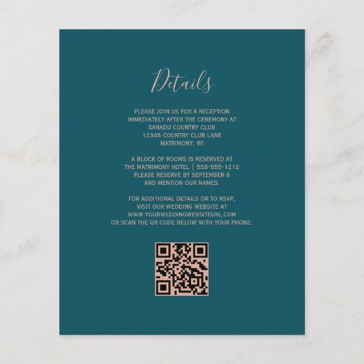 Papier Budget Teal Agate Rose Gold QR Code Wedding Invite (Dos)