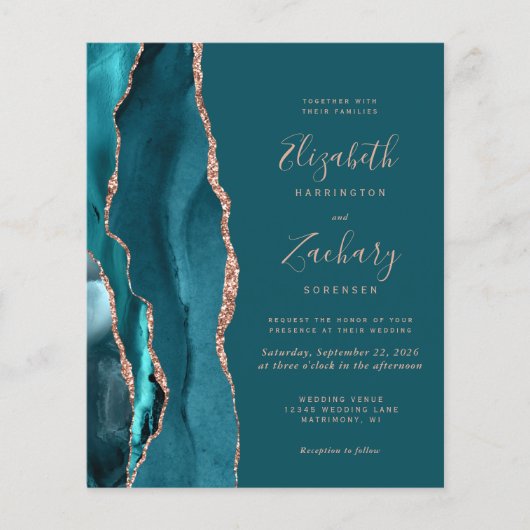 Papier Budget Teal Agate Rose Gold QR Code Wedding Invite (Devant)