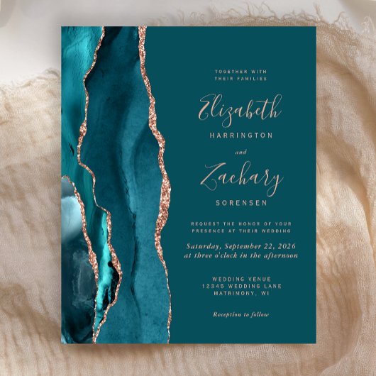 Papier Budget Teal Agate Rose Gold Wedding Invitation