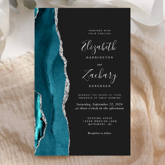 Papier Budget Teal Blue Silver Agate Dark Wedding Invite