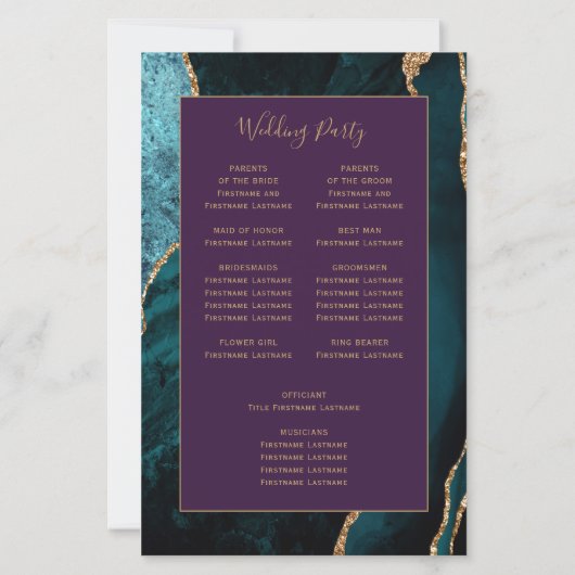 Papier Budget Teal Gold Agate Purple Wedding Program (Dos)
