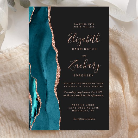 Papier Budget Teal Rose Gold Agate Dark Wedding Invite