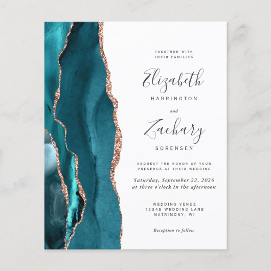Papier Budget Teal Rose Gold Agate Wedding Invitation (Devant)