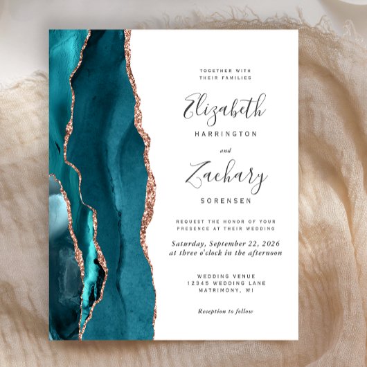Papier Budget Teal Rose Gold Agate Wedding Invitation