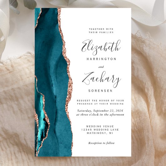 Papier Budget Teal Rose Gold Agate Wedding Invitation