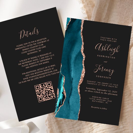 Papier Budget Teal Rose Gold Dark QR Code Wedding Invite