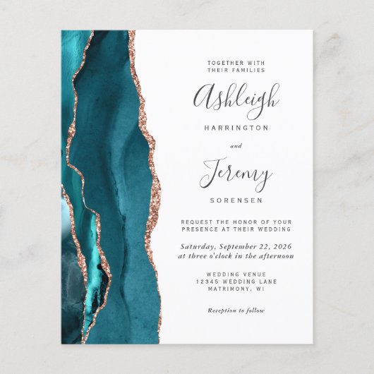 Papier Budget Teal Rose Gold QR Code Wedding Invitation (Devant)