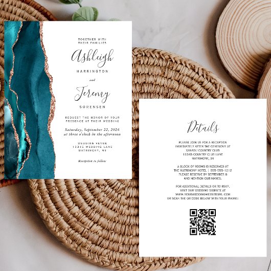 Papier Budget Teal Rose Gold QR Code Wedding Invitation