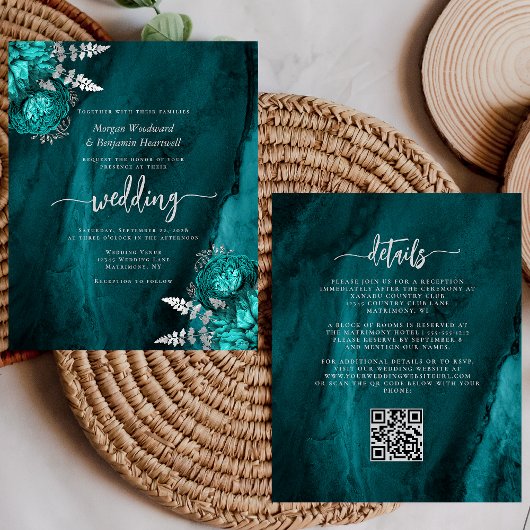 Papier Budget Teal Silver Floral QR Code Wedding Invite