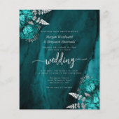 Papier Budget Teal Silver Floral QR Code Wedding Invite (Devant)