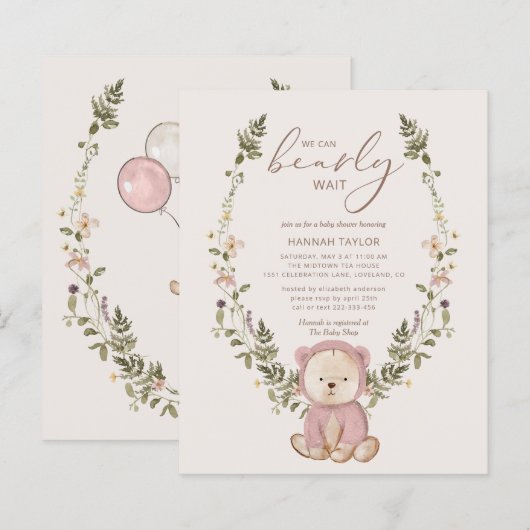 Papier Budget Teddy Bear Rose Girls Baby shower Invitatio (Devant / Derrière)