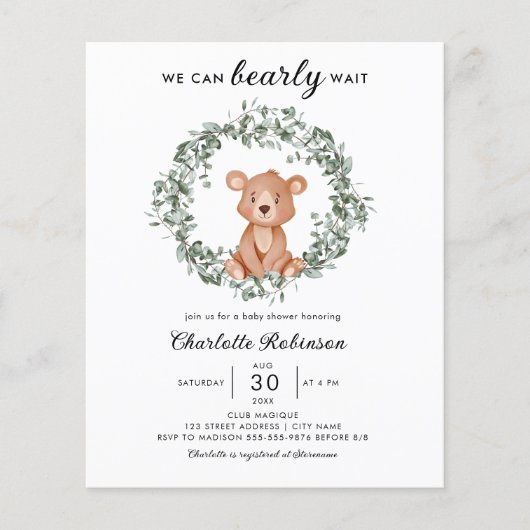 Papier Budget Teddy Ours Vert Baby shower Invitation (Devant)