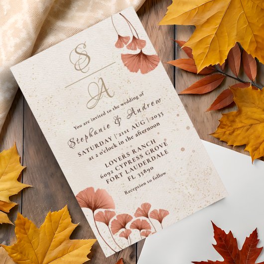 Papier Budget Terracotta Ginkgo Faire-part de mariage feu