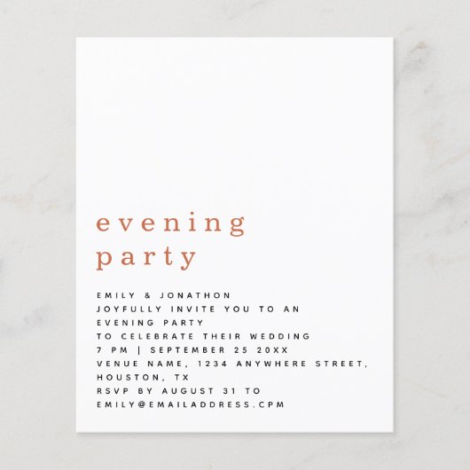 Papier BUDGET Terracotta Mariage Soirée Invitation (Devant)