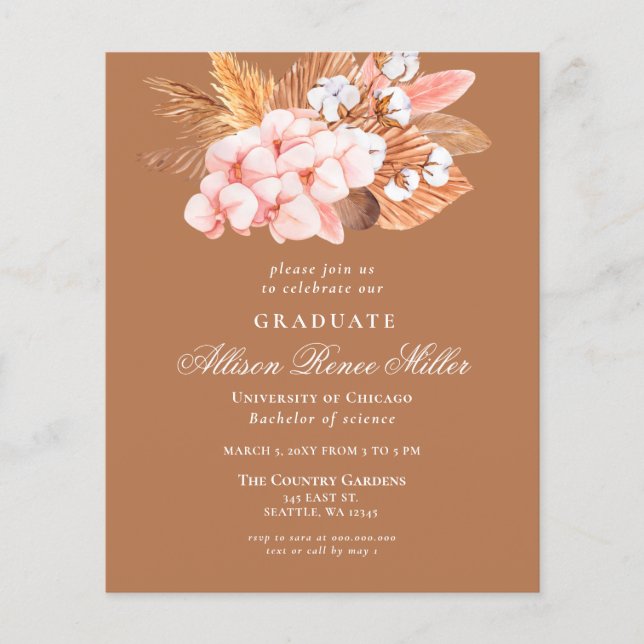 Papier Budget Terracotta Pampas Graduation Invitation (Devant)
