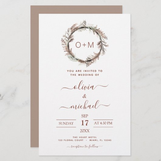 Papier Budget Terracotta Pampas Grass Monogramme Mariage (Devant / Derrière)