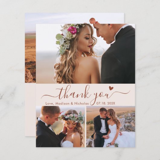 Papier Budget Terracotta Script Photo Mariage Merci (Devant / Derrière)