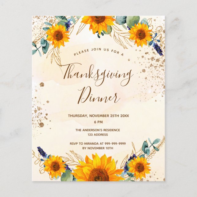 Papier Budget Thankgiving dîner de tournesols invitation (Devant)