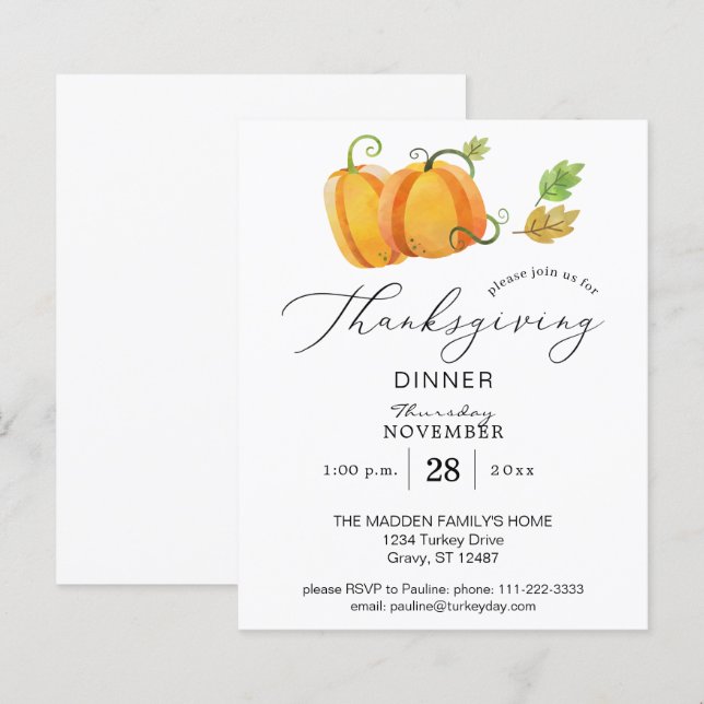 Papier Budget Thanksgiving Citrouille Duo Watercolor Dîne (Devant / Derrière)