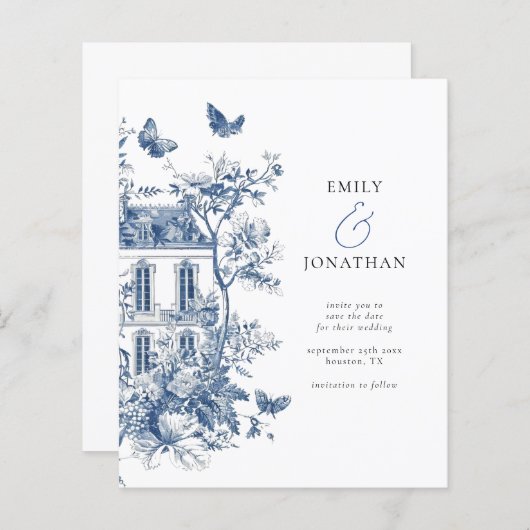 Papier Budget Toile Bleue De Jouy QR Mariage Enregistrer  (Devant / Derrière)