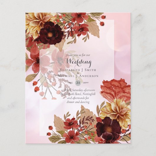 Papier BUDGET TOMBE Floral Mariages Invitations - Dusky (Devant)