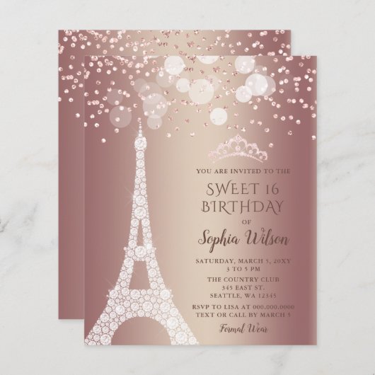 Papier Budget Tour Eiffel Rose Gold Sweet 16 Invitation (Devant / Derrière)