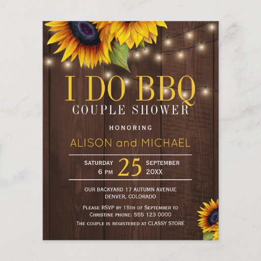 Papier Budget tournesol rustique Je fais barbecue douche (Devant)