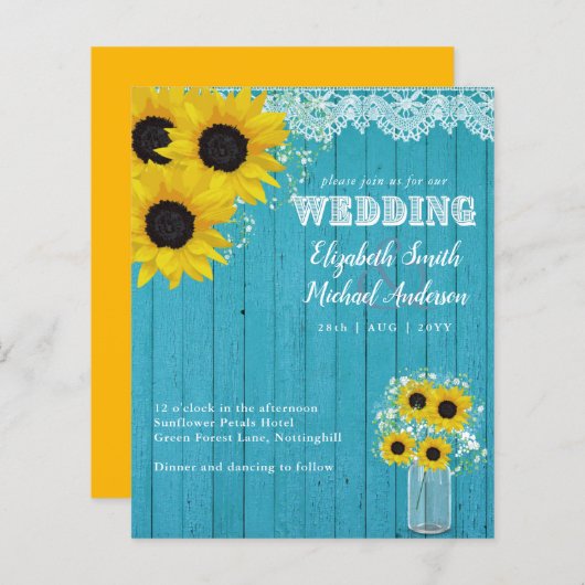 Papier BUDGET Tournesol rustique Turquoise Mariage jaune (Devant / Derrière)
