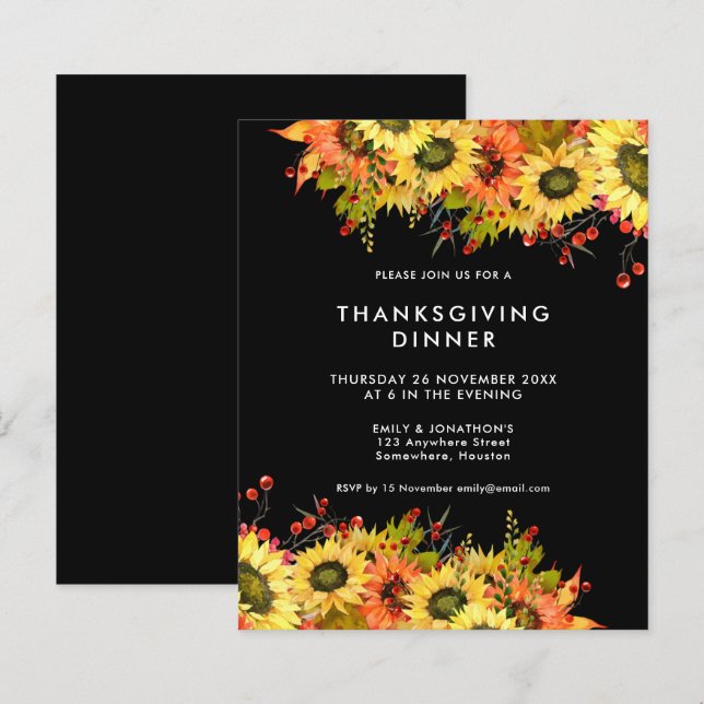 Papier Budget Tournesol Thanksgiving Dîner Invitation noi (Devant / Derrière)