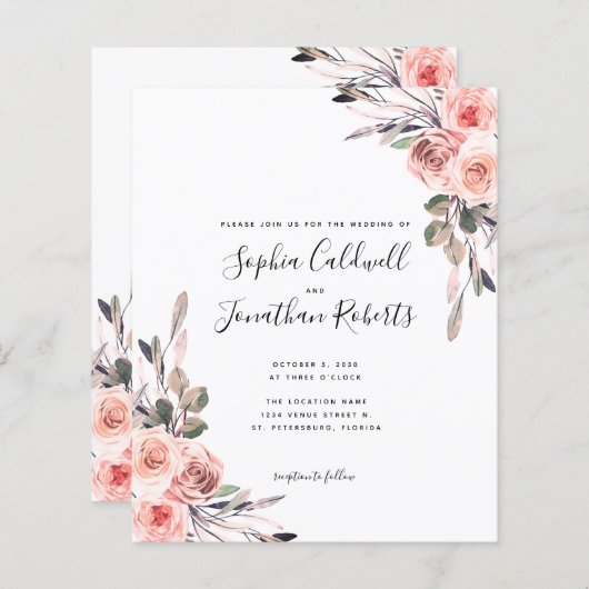 Papier Budget Tout en un Blush rose Roses Mariage Inviter (Devant / Derrière)
