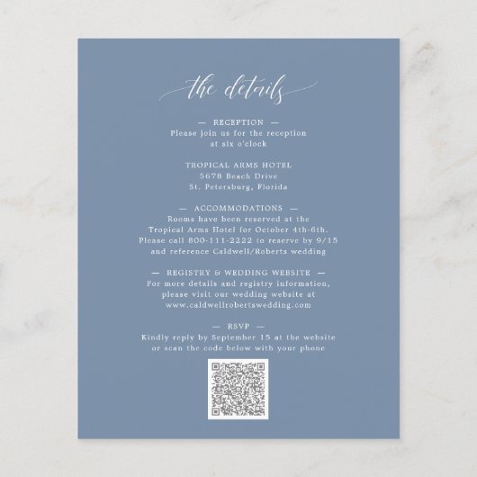 Papier Budget tout en un Dusty Faire-part de mariage bleu (Dos)