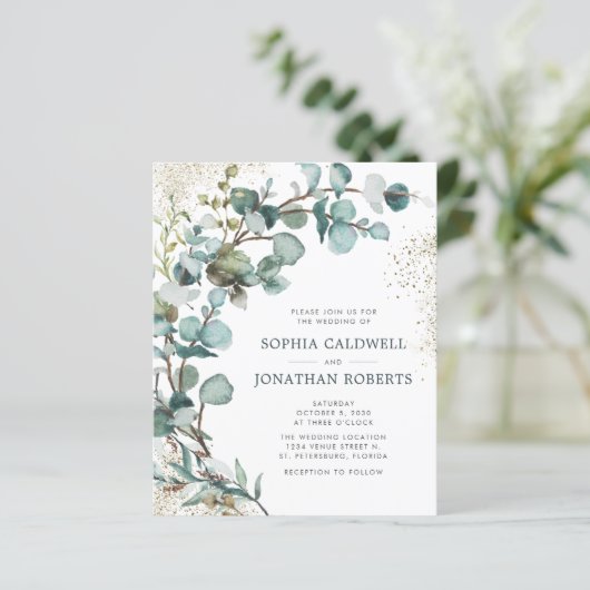 Papier Budget tout en un Eucalyptus Gold Mariage Invitati (Debout devant)