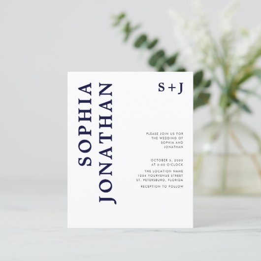 Papier Budget tout en un Faire-part de mariage bleu marin (Debout devant)