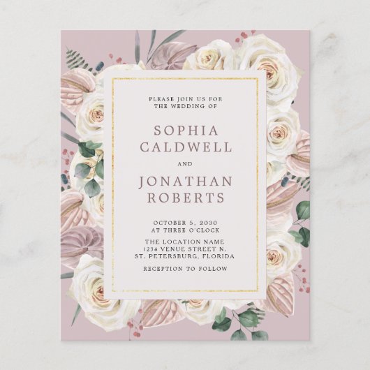 Papier Budget tout en un Faire-part de mariage Roses blan (Devant)