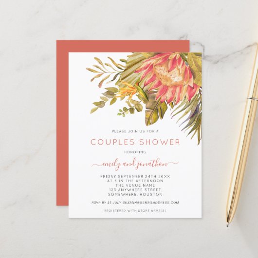 Papier Budget Tropical Foliage Couples Douche Invitation (Devant/Arrière en situation)
