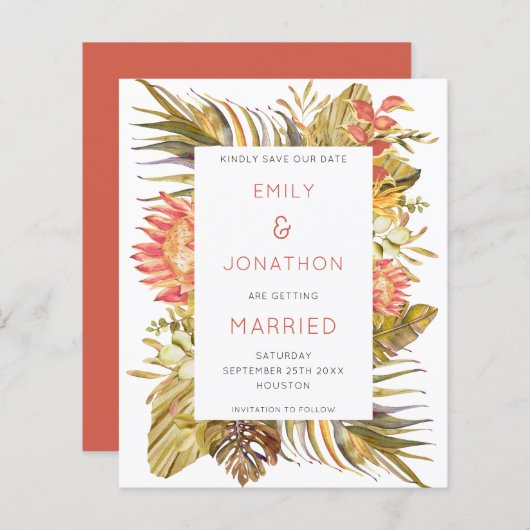 Papier Budget Tropical Foliage Mariage Enregistrer la dat (Devant / Derrière)